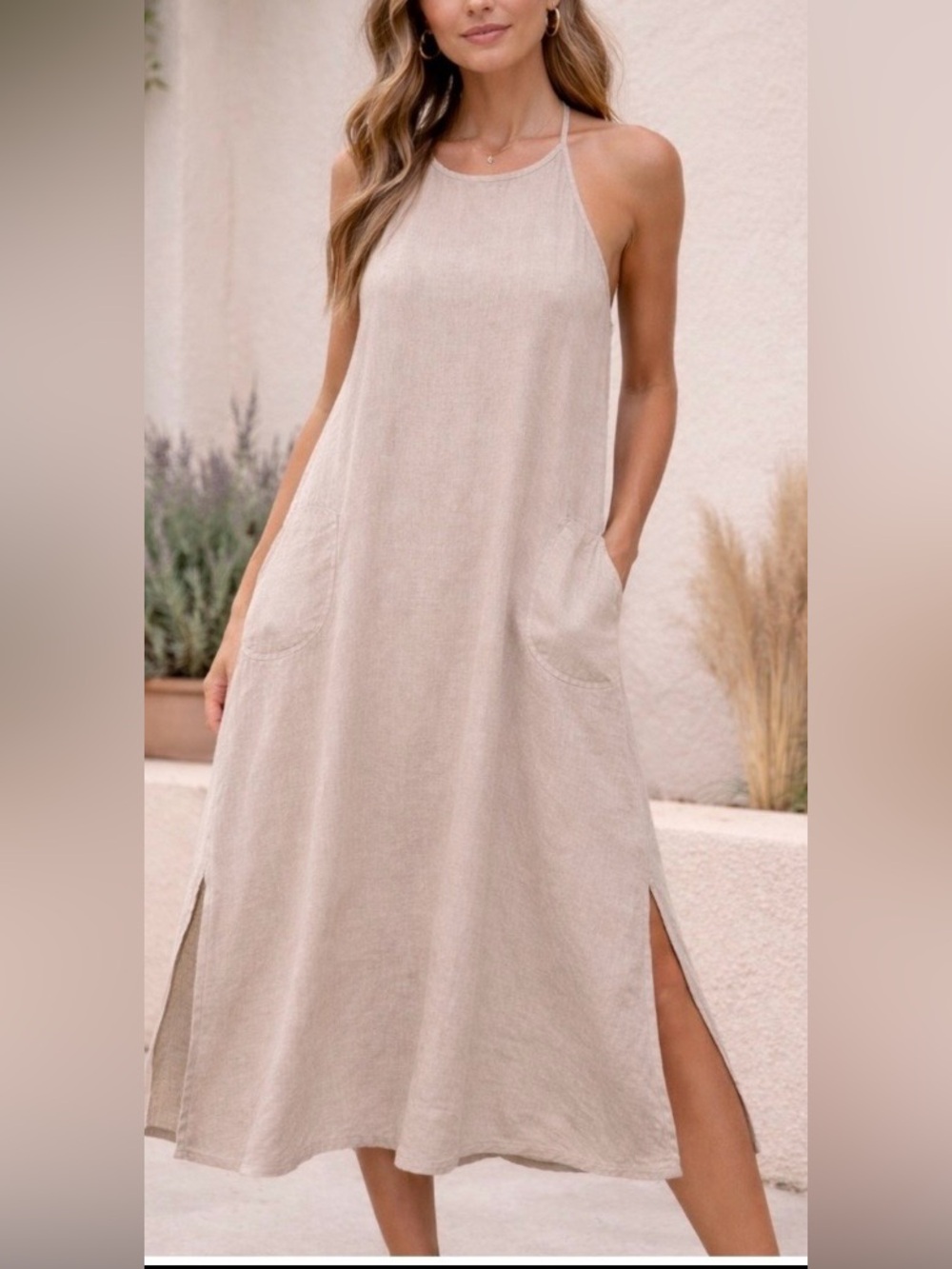Laura Bianchi - Women’s Light Taupe Linen Maxi Skirt with Side Slits